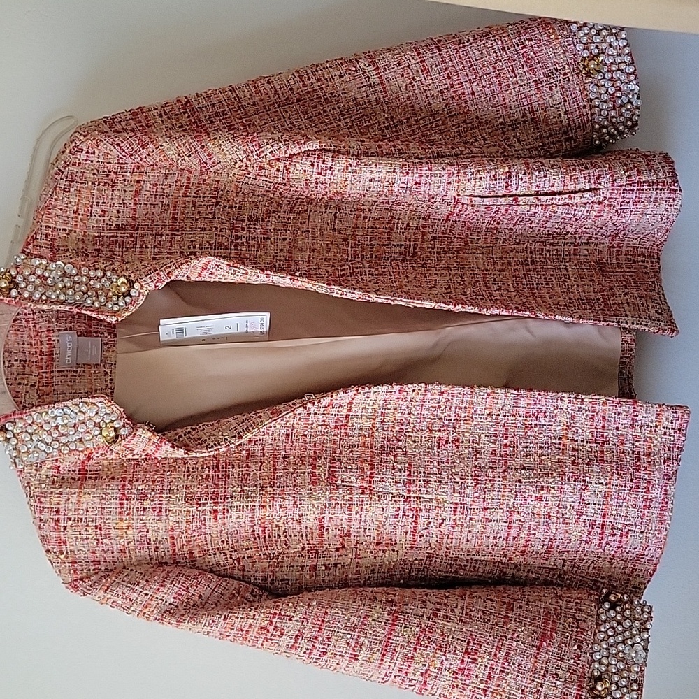 Chico's size 2 Tweed Jacket blazer Orange Red pearls